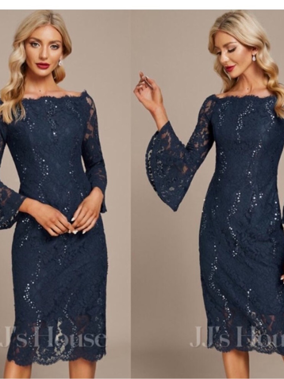 Jjs House Navy Lace Midi Dress With Flared Bell Sleeves